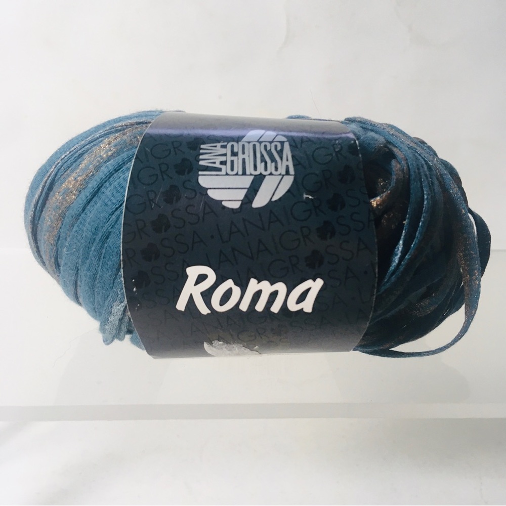 Lana Grossa Roma Ribbon Yarn 021 Lot 76001 petrol blue/copper/silver